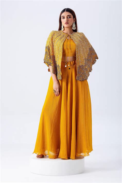 Mustard Yellow Cape Set With Embroidery | Buy INDO-WESTERN Online ...