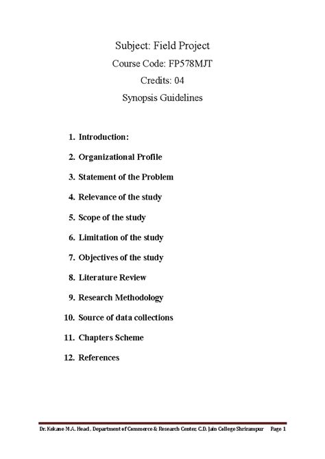 Synopsis OF Field Project Guidelines - Dr. Kekane M. Head , Department ...
