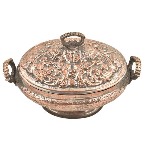 Engraved Kashmiri Copper Rice Bowl With Lid And Handles