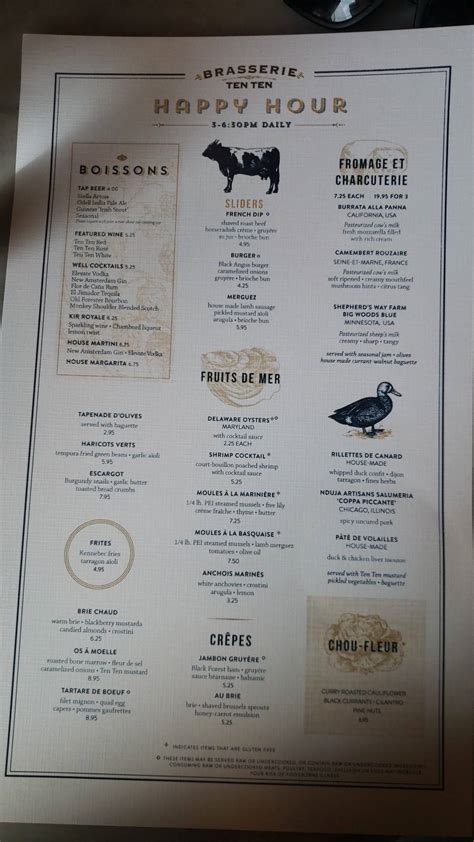 Menu at Brasserie Ten Ten restaurant, Boulder