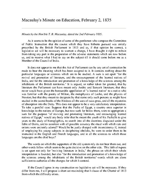 Macaulay's Minute on Education: Insights from February 2, 1835 - Studocu