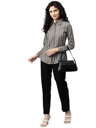 Cottinfab Women Long Sleeves Brown Striped Cotton Shirt Style Top ...