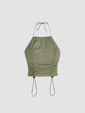 Woven Drawstring Zip Up Halter Crop Top For Daily Casual