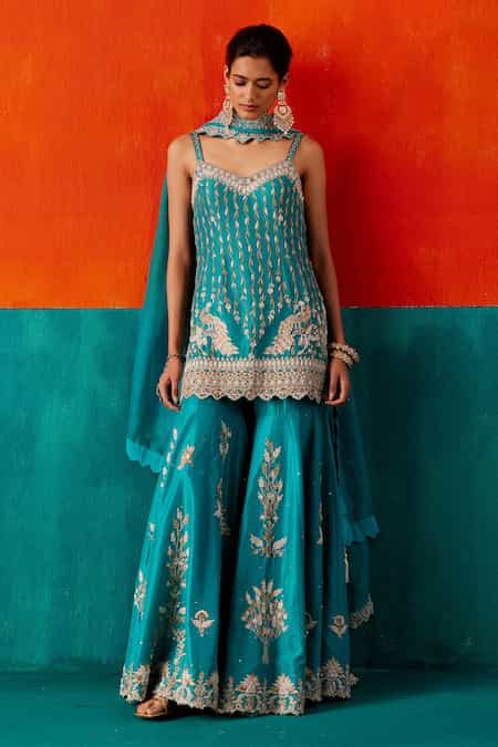 Buy Green Organza, Silk Cut Work, Pearls, Sequins, Floral Kurta Sharara ...
