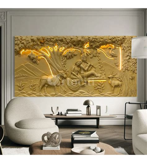 7X3.5 Feet Radha Krishna 3D Relief Wall Mural / LED Light Installed