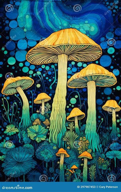 Enchanting Mushroom Meadows: a Dreamy Blue Illustration of Vibra Stock Illustration ...
