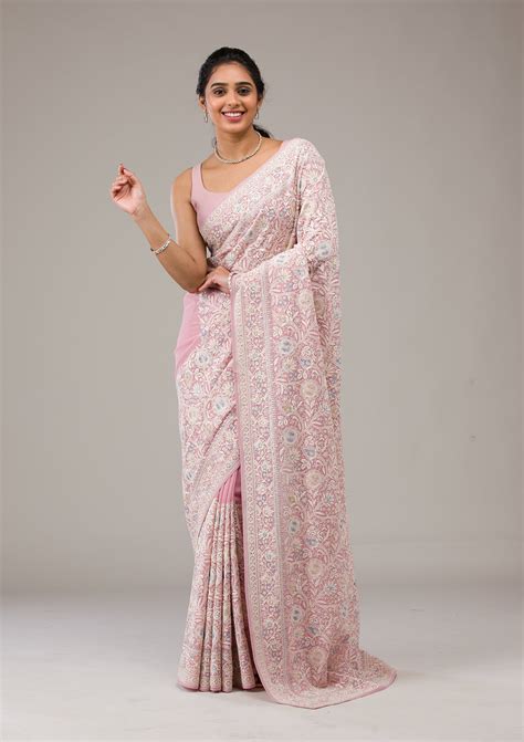 Buy Baby Pink Zariwork Georgette Saree - Koskii