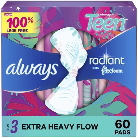 Always Radiant Teen Pads, Size 3, Extra Heavy, with Wings, Unscented ...
