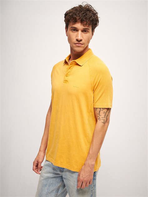 Shop Orange Self Design Regular Fit Polo Collar T-shirt Online ...