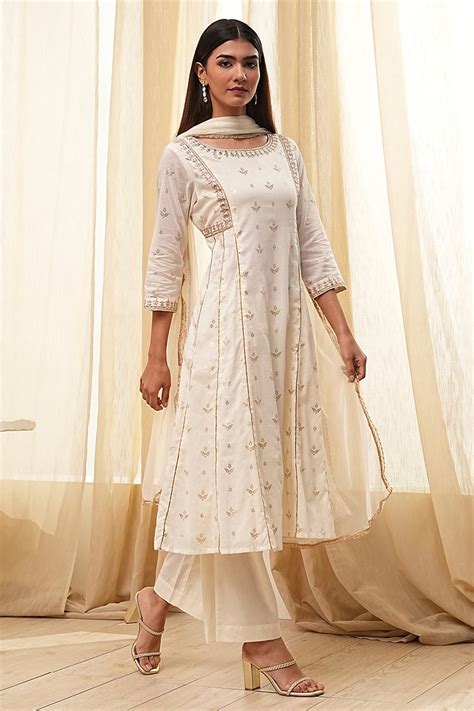 Buy Cream-Colored Cotton Foil Printed Kalidar Suit Set Online at Biba India