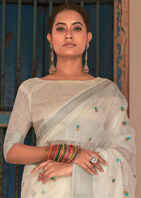 Buy Pearl White Floral Embroidered Linen Saree Online - MySilkLove