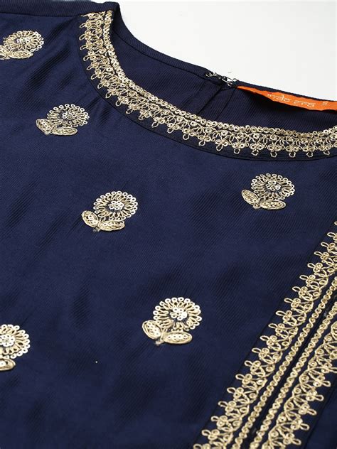 Indo Era Navy Blue Embroidered Straight Kurta Trouser With Dupatta Set ...