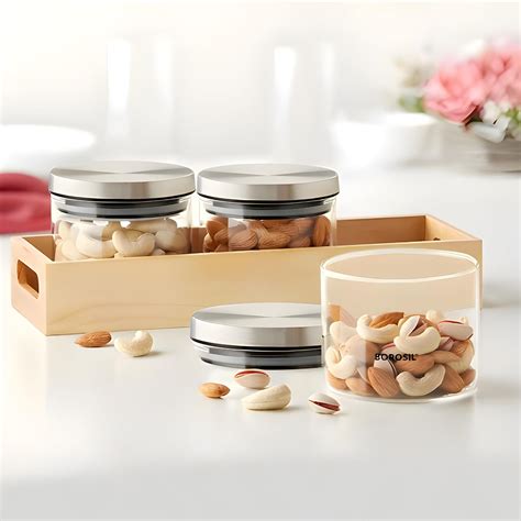 Buy Borosil Classic Glass Jar with Wooden Tray, Air-Tight Storage ...