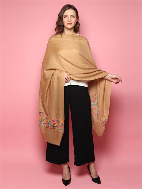 100% Pure Pashmina Brown Shawl with hand embroidered floral pattern ...