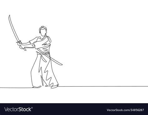 One single line drawing young japanese samurai Vector Image