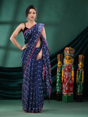 Buy Angoshobha Women Navy Blue Cotton Geometric Woven Saree with ...