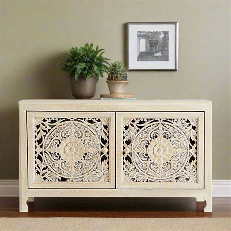 Handcarved Lombok Media Unit 2 Door White Wash – Luxury Handicrafts