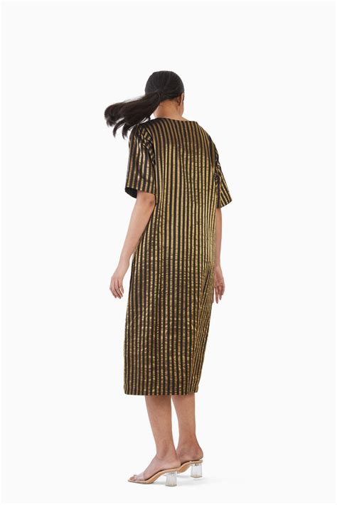 Handwoven Black Gold Striped Metallic Dress – Akaaro