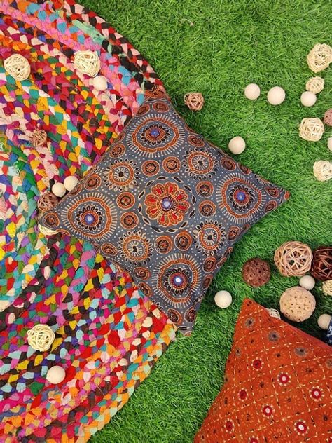 12x12 Indigo Red Ajrakh Hand Embroidered Cushion Cover – Kasaa Hues