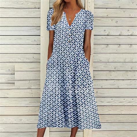 Munlar Womens Short Sleeve Sundress A-line V Neck Pleated Sky Blue Long ...