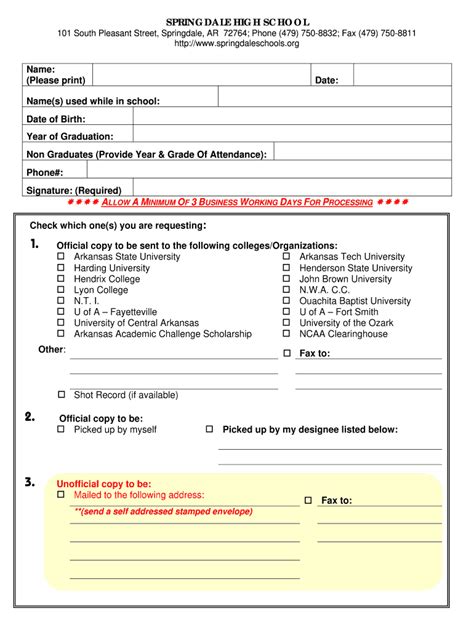 Springdale High School Transcript Request Form - Blank Fillable ...