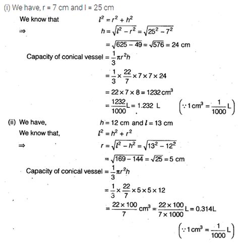 Find the capacity in litres of a conical vessel with radius 7 cm, slant ...