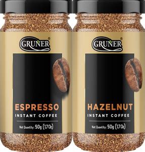 Gruner Instant Coffee Espresso and Hazelnut Flavoured Coffee 50g pack ...