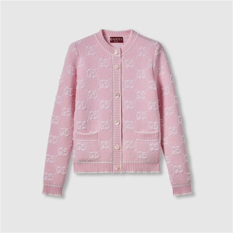 Cardigan in lana jacquard GG bouclé in rosa chiaro e bianco | GUCCI® Italia