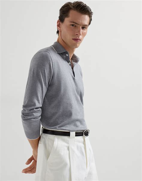 Cotton and cashmere knit polo for Man in Dark Grey | Brunello Cucinelli
