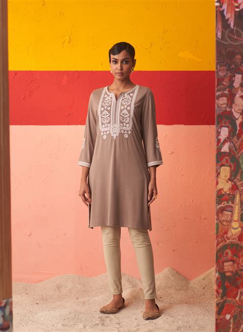 Beige Kurta for Women with Threadwork and Lace Detailing – Lakshita