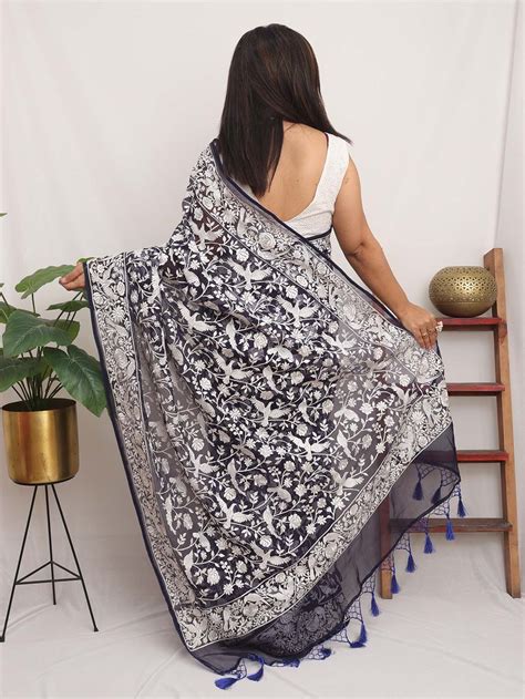 Exquisite Blue Embroidered Parsi Gara Saree: Pure Organza, Floral ...