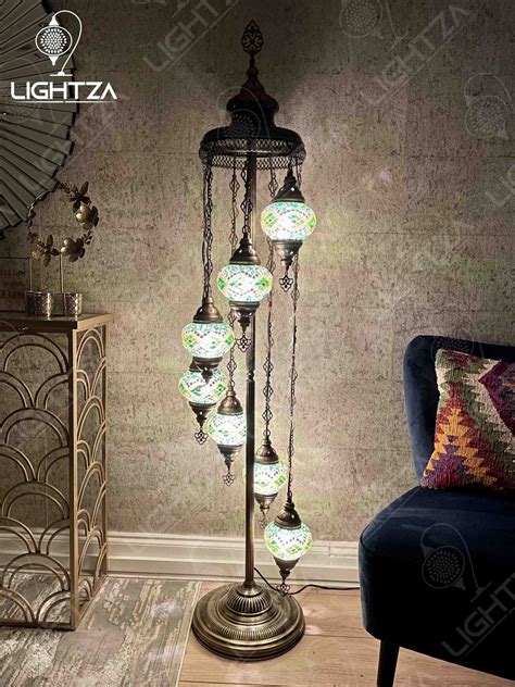 Green Turkish Moroccan Mosaic Handmade 7 Globes Floor Lamp - Lightza