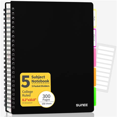 "SUNEE Five Section College Ruled Notebook- 300 Pages, 8.2""x10.8 ...