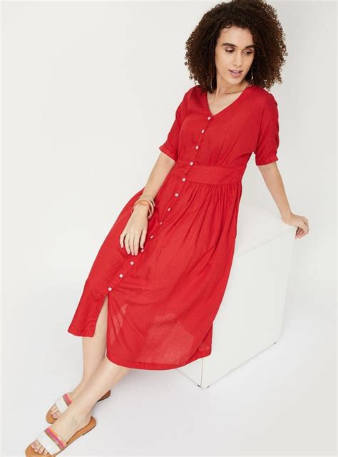 Buy Women Solid V-Neck Fit and Flare Dress Online at just Rs. 999.0 ...