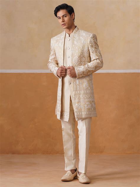 Beige Embroidered Mandarin Collar Achkan – P N RAO