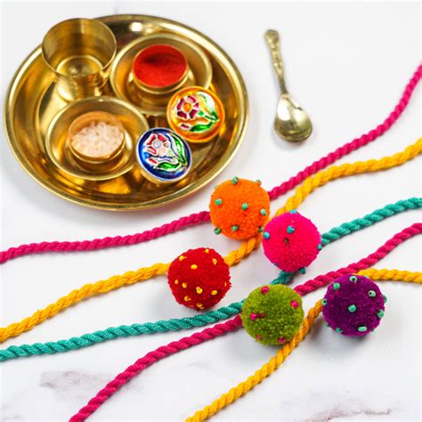 Buy 5 pc Rakhi + Brass Thali Set | Premium Mini Laddoo Beaded Pom Pom ...