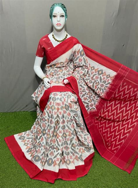 White Red Handloom Pochampally Ikkat Mercerized Cotton Saree ...