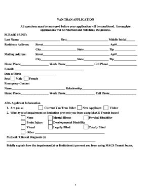 Van Tran Paratransit Eligibility Application - Blank Fillable Template ...