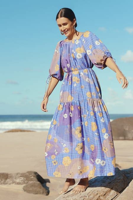 Buy Purple Bamboo, Viscose Boat Neck Hand Painted Hibiscus Pattern Maxi ...