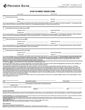 Premier Bank Stop Payment Order Form - Blank Fillable Template | Fill ...