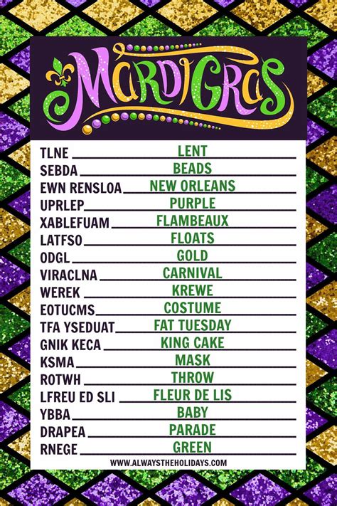 Mardi Gras Word Scramble with Answers - Mardi Gras Printable