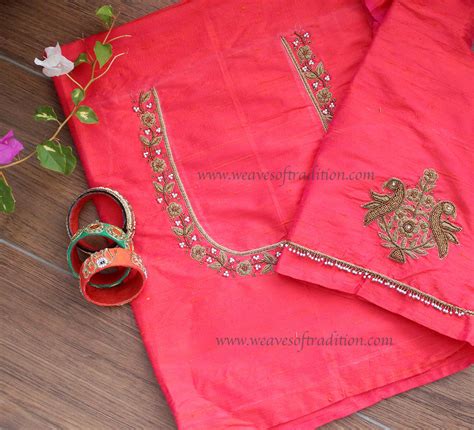 Orange and Pink Dual Toned Hand Embroidered Raw Silk Blouse Piece ...