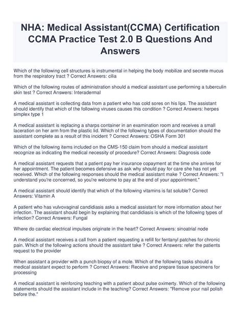 NHA: Medical Assistant(CCMA) Certification CCMA Practice Test 2.0 B ...