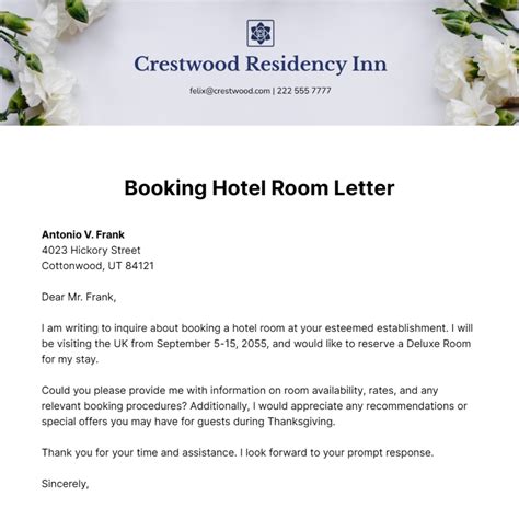Free Booking Hotel Room Letter Template to Edit Online