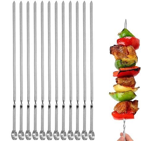 12PCS Kabob Skewers Flat Metal Stainless Steel BBQ Barbecue Skewer 14 ...
