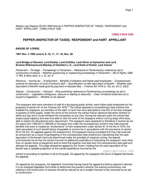 Pepper v. Hart case - Weekly Law Reports (ICLR)/1992/Volume 3 /PEPPER ...