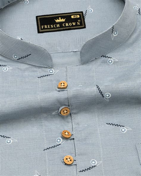 Cadet Gray Prints Premium Linen Indian Kurta Style Shirt For Men