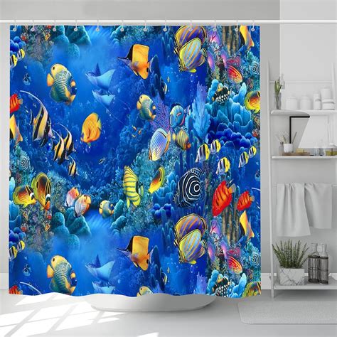 Amazon.com: Dolphin Shower Curtain, Blue Ocean Tropical Fish Coral ...