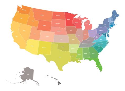 Map of USA, United States of America, in colors of rainbow spectrum ...