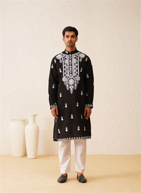 SOJANYA LUXE (Since 1958) Men's Cotton Neck Embroidered Black Kurta ...